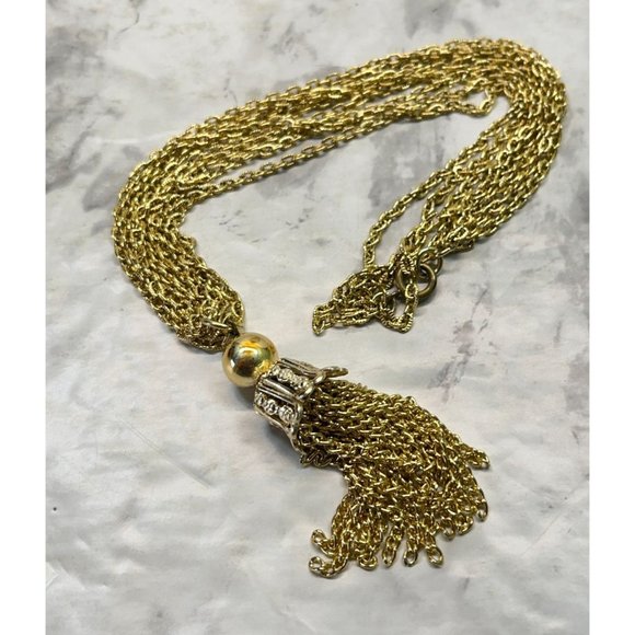 Vintage Gold Tone Tassel Statement Necklace Multi Strand Chain Retro - Picture 2 of 8